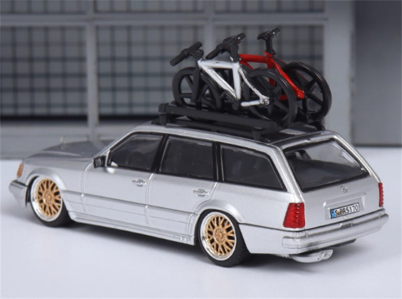 Mortal Mercedes Benz E-Class E300 station wagon S124 with 2 bicycles and luggage rack Silver - Golden Wheel low slung version Limited Edition 599PCS ONLY 1:64 Car Pre-built Model view3