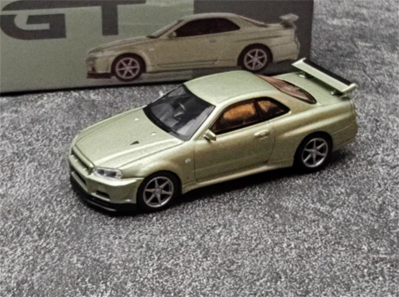 MINIGT Nissan Kyline GT-R R34 V-Spec II Nur Millenium Jade color box packaging 1:64 Car Pre-built Model view7