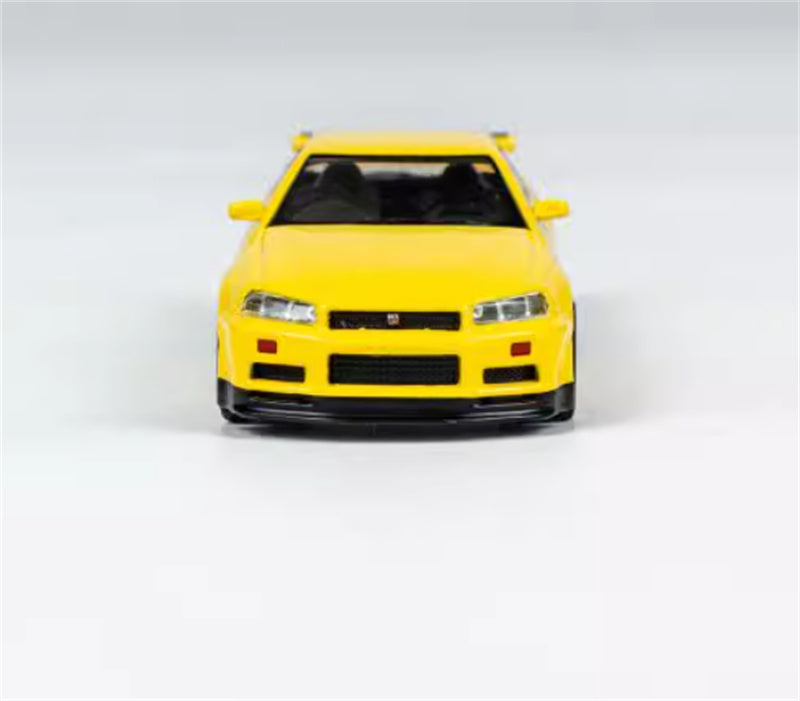 MINIGT Nissan Skyline GT-R(R34)V-Spec Lightning Yellow color box packaging 1:64 Car Pre-built Model view6