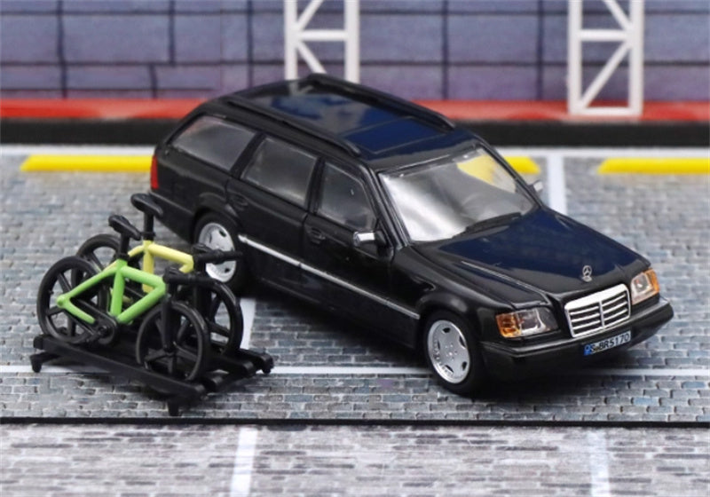 Mortal Mercedes Benz E-Class E300 station wagon S124 with 2 bicycles and luggage rack Black - Silver Wheel Regular Edition Limited Edition 599PCS ONLY 1:64 Car Pre-built Model view5