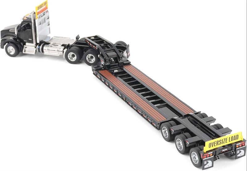 CATERPILLAR Kenworth T880 SBFA Daycab Tridem Tractor in Black with Trail King TK120 HDG Lowboy Trailer 1:50 Truck Pre-built Model