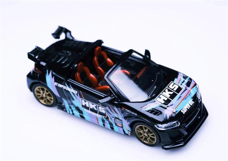 Mortal Honda S660 Mugen Convertible Wide body modified version Small tail HKS coating - with top cover 1:64 Car Pre-built Model view4