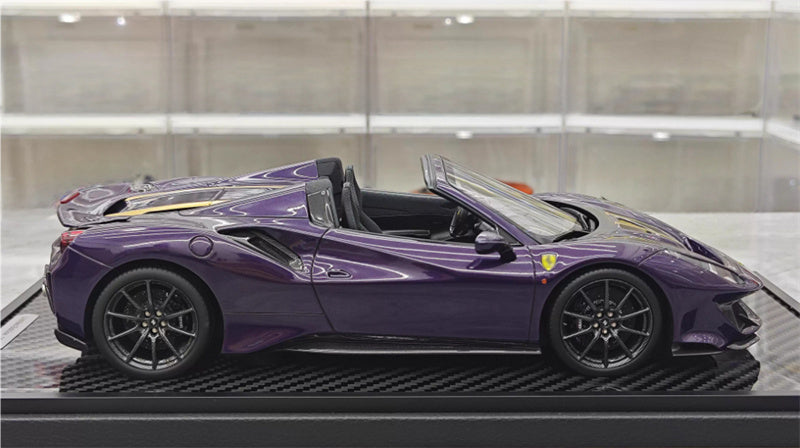 BBR MODELS FERRARI 488 Pista Spider convertible Hong Kong Metal Purple Double yellow Strip Black wheels Carbon fiber base Limited Edition 28PCS ONLY 1:18 Car Pre-built Model view4