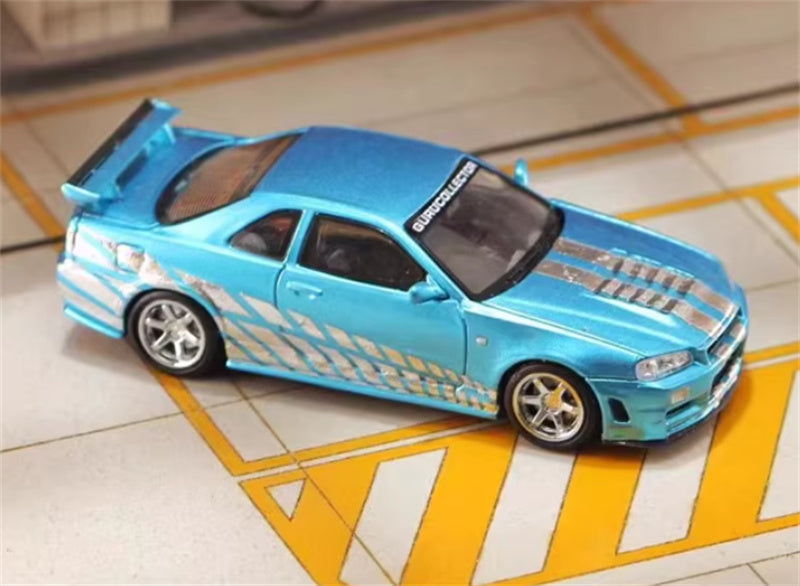 Stance Hunters Nissan Skyline GTR BNR34 V-SPEC-II electroplated blue - silver edge 1:64 Car Pre-built Model view5