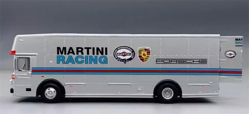Schuco Mercedes Benz O317 Race Car Transporter Team Porsche Martini Racing silver 1971 1:64 Truck Pre-built Model