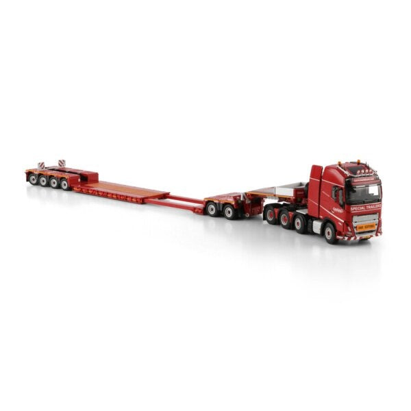 1:50 VOLVO NOOTEBOOM RED LINE FH5 8X4 LOW LOADER W/ DOLLY 2 AXLE 6 AXLE WSI Red Diecast Model