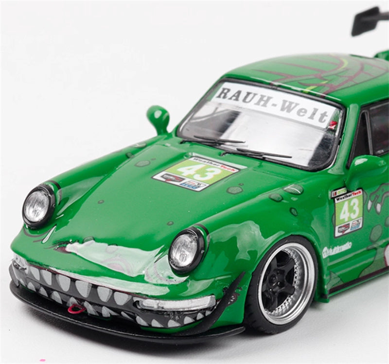 FLAME Porsche RWB 964 Green Dinosaurs Limited Edition 499PCS ONLY RAUH - Welt 1:64 Car Pre-built Model view5