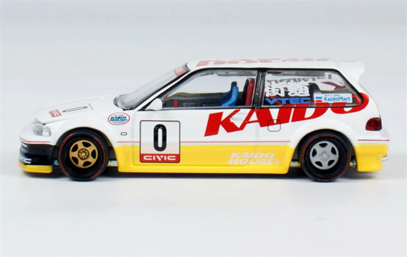 KaidoHouse x MiniGT Honda Civic EF KANJO V1 #0 White yellow color box packaging 1:64 Car Pre-built Model view5