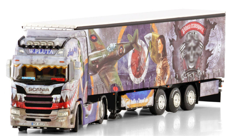 WSI SCANIA R HIGHLINE CR20H 4X2 CURTAINSIDE TRAILER - 3 AXLE PLUTA transport 1:50 Model