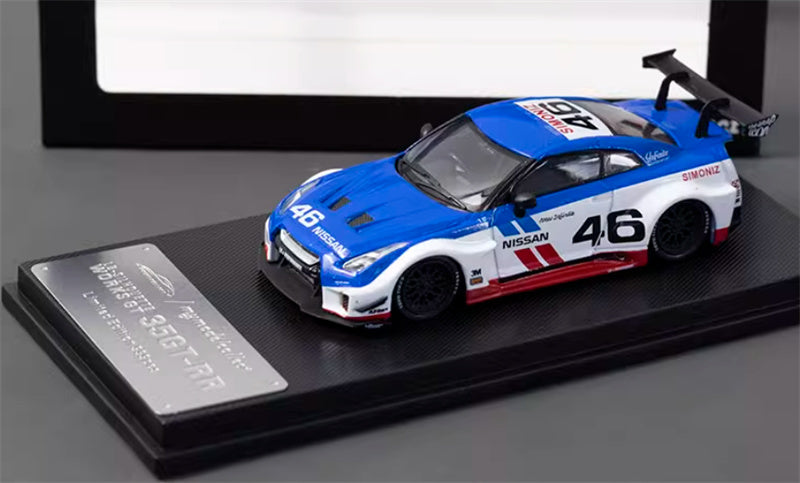 mymodelcollect Nissan 35GT-RR #46 LBWK Limited Edition White Blue 1:64 Car Pre-built Model view1