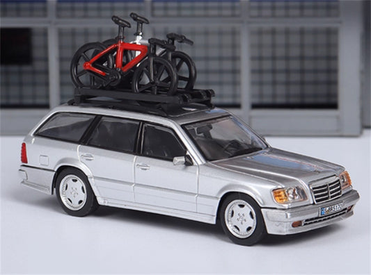 Mortal Mercedes Benz E-Class E300 station wagon S124 with 2 bicycles and luggage rack Silver - Silver Wheel Regular Edition Limited Edition 599PCS ONLY 1:64 Car Pre-built Model view1