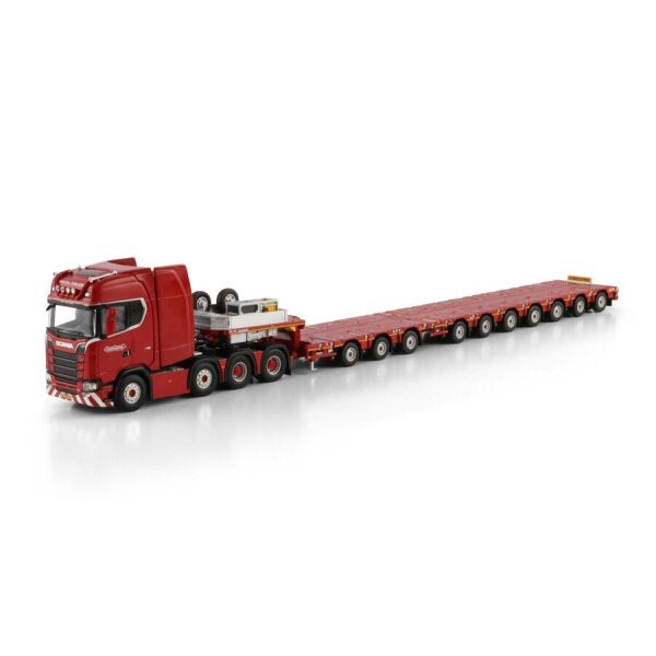1:50 SCANIA NOOTEBOOM RED LINE S CS20H 8X4 MANOOVR W/ 3 AXLE DOLLY 7 AXLE WSI Red Diecast Model