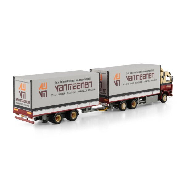 1:50 SCANIA VAN MAANEN 3 Series 6X2 CURTAINSIDE DRAWBAR CENTRE-AXLED TRAILER 5 AXLE WSI Diecast Model