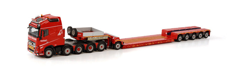 WSI VOLVO FH5 GLOBETROTTER XL 10X4 LOWLOADER - 5 AXLE + DOLLY - 1 AXLE NOOTEBOOM RED LINE 1/50 DIECAST Truck
