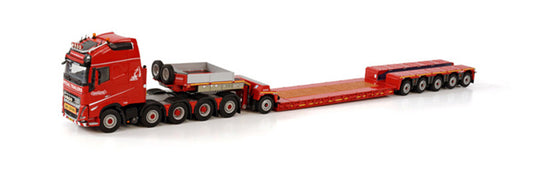 WSI VOLVO FH5 GLOBETROTTER XL 10X4 LOWLOADER - 5 AXLE + DOLLY - 1 AXLE NOOTEBOOM RED LINE 1/50 DIECAST Truck