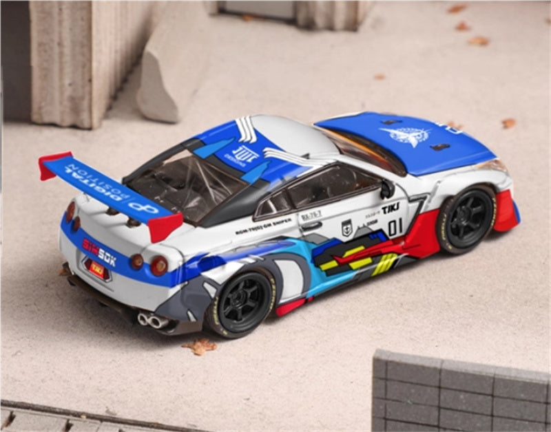 Fuji Nissan GT-R R35 Pandem Rocket Bunny Widebody Modification Car Mech White Blue - Regular Edition Limited Edition 599PCS ONLY 1:64 Car Pre-built Model view2