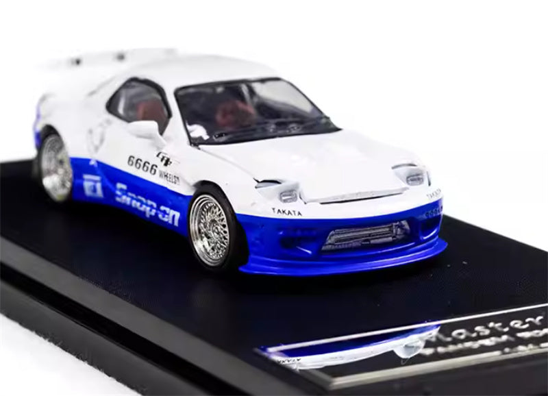 Master Mazda RX-7 FC3S Rocket Runny Pandem White Blue Double Match Limited Edition 1:64 Car Pre-built Airliner Model Display view6
