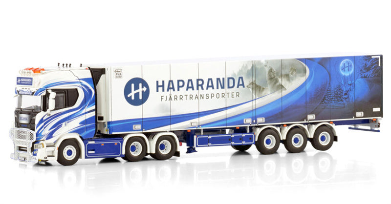 WSI  SCANIA S HIGHLINE CS20H 6X2 TAG AXLE REEFER TRAILER - 3 AXLE Haparanda Fjarrtransport 1:50 DIECAST Truck Lorry