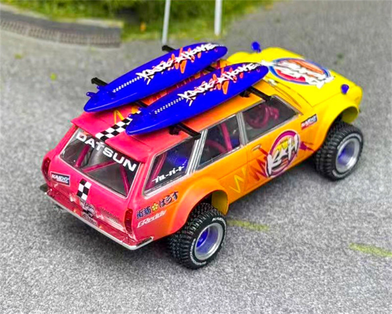 KaidoHouse x MiniGT Datsun Kaido 510 Wagon 4x4 Kaido ISLANDS V1 orange-yellow color box packaging 1:64 Car Pre-built Model view5