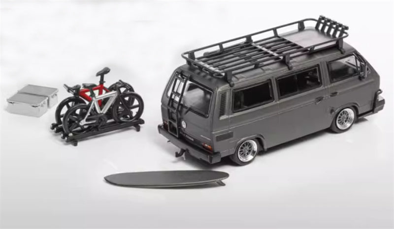 Mortal Model Volkswagen T3 Van Exhibition Edition matte gray with accessories 1:64 Car Pre-built Airliner Model Display view4
