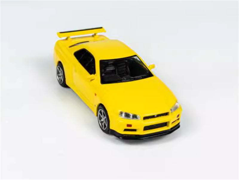 MINIGT Nissan Skyline GT-R(R34)V-Spec Lightning Yellow color box packaging 1:64 Car Pre-built Model view5