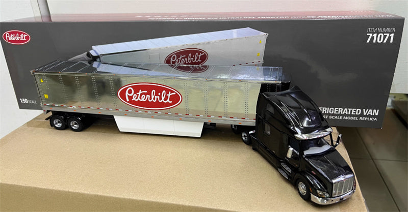CATERPILLAR Peterbilt 579 UltraLoft Tractor with 53' refrigerated van – Legendary Black cab + 53' Chrome refrigerated van with Peterbilt logo 1:50 Truck Pre-built Model