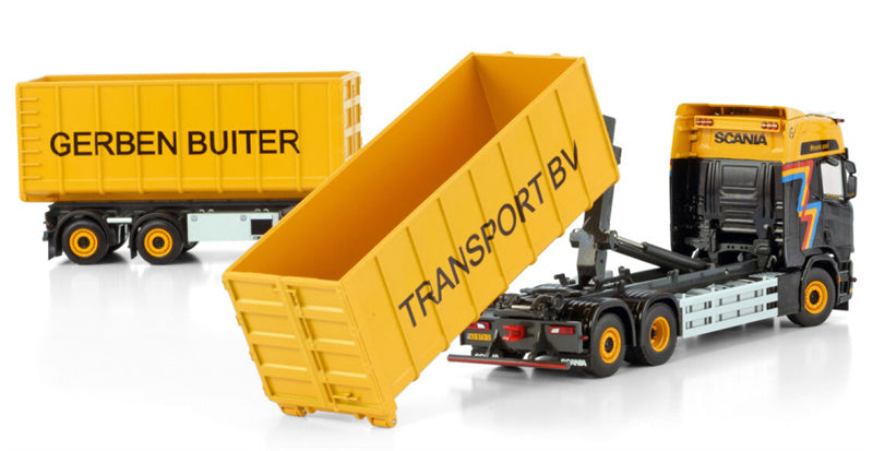 WSI SCANIA R HIGHLINE CR20H 6X2 TAG AXLE RIGED DRAWBAR TRUCK WITH HOOKLIFT SYSTEM - 3 AXLE + HOOKLIFT 40M3 CONTAINER Gerben Buiter 1:50 Model