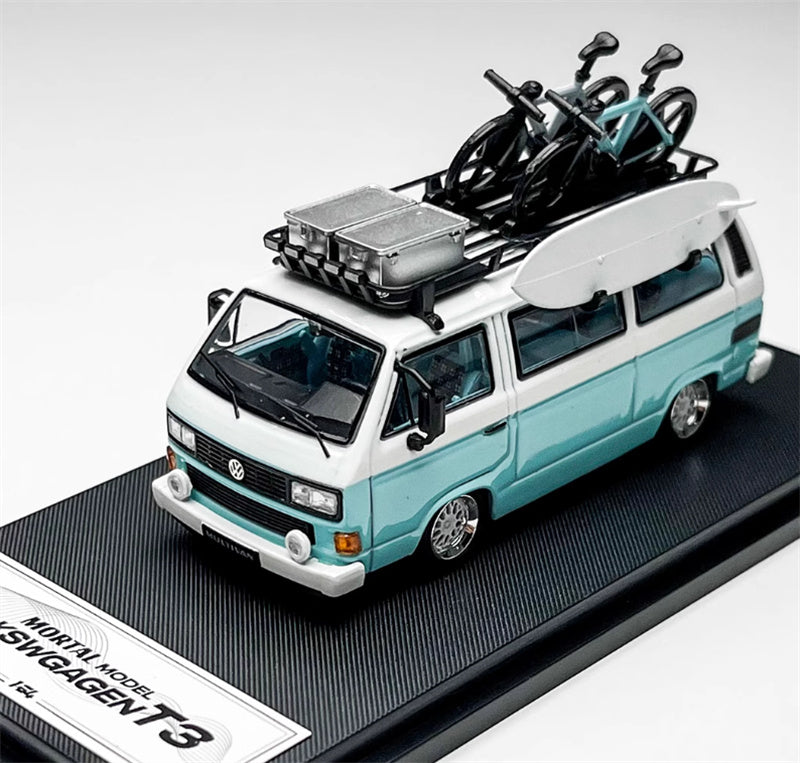 Mortal VW T3 Magway van BBS light Blue + White Double Splicing with accessories 1:64 Car Pre-built Model view5