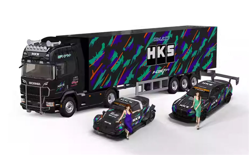 TIMEMICRO Scania Container Truck HKS w/ BMW M4 Car w/ VW Beetle Car w/ 2 Figures 1:64 Car Pre-built Model view1