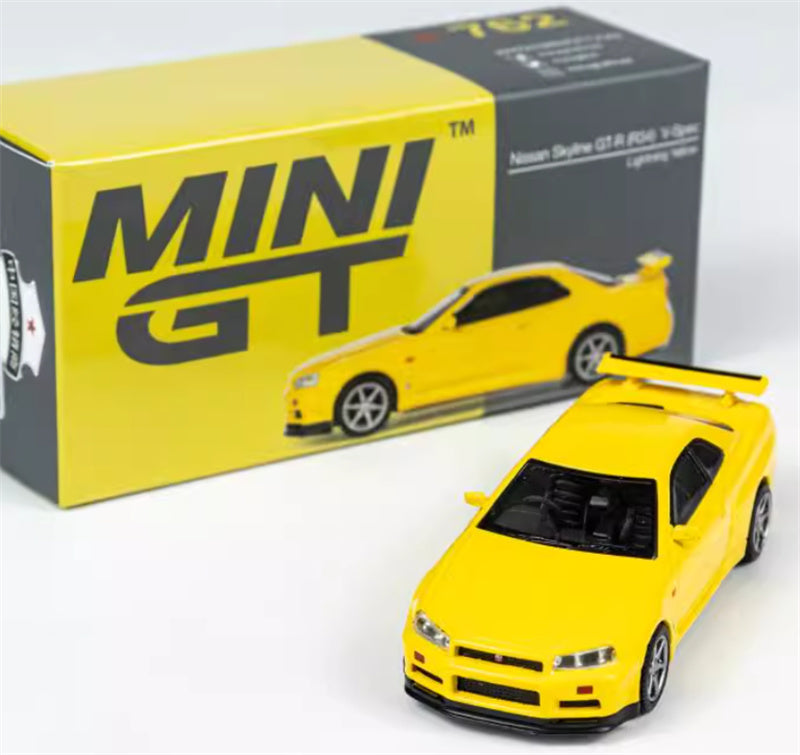 MINIGT Nissan Skyline GT-R(R34)V-Spec Lightning Yellow color box packaging 1:64 Car Pre-built Model view8