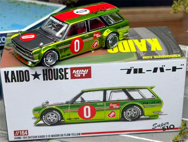 KaidoHouse x MiniGT Datsun KAIDO 510 #0 Wagon OG FLOW Yellow color box packaging 1:64 Car Pre-built Model view8