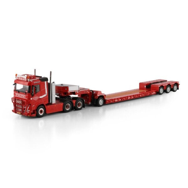 1:50 VOLVO LOONBEDRIJF VAN ETTEN FH5 6X4 LOW LOADER W/ 1 AXLE DOLLY 3 AXLE WSI Red Diecast Model