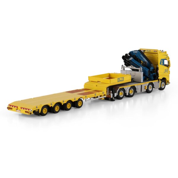 1:50 VOLVO MCT CRANING FH5 8X4 SEMI LOW LOADER W/ RAMPS 4 AXLE 1300 + JIB WSI Yellow Diecast Model