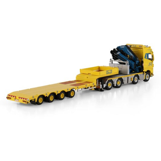 1:50 VOLVO MCT CRANING FH5 8X4 SEMI LOW LOADER W/ RAMPS 4 AXLE 1300 + JIB WSI Yellow Diecast Model