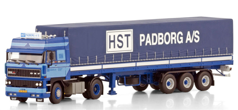 WSI  DAF 3300 SPACE CAB 4X2 CLASSIC CURTAINSIDER TRAILER - 3 AXLE HST Padborg 1:50 Truck Pre-built Model