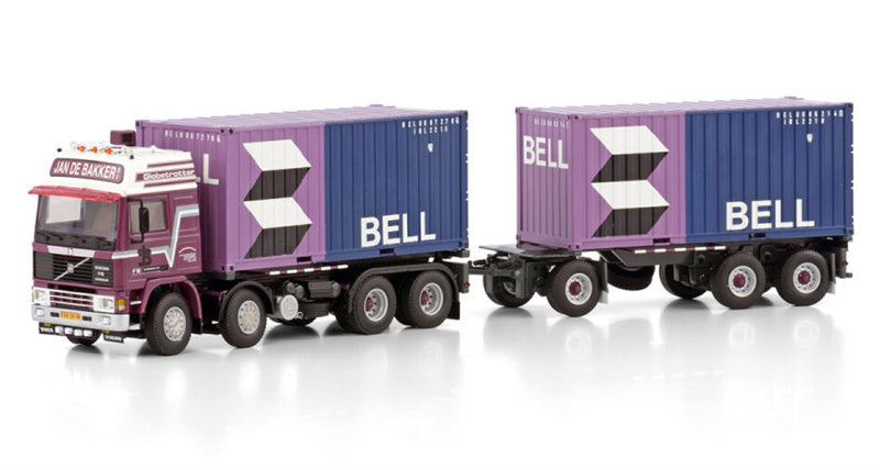 WSI VOLVO F12 GLOBETROTTER RIGED CONTAINER TRUCK 8X2 TAG AXLE CONTAINER DRAWBAR TRAILER - 3 AXLE + 2X 20FT CONTAINER Jan de Bakker Bell 1:50 Model
