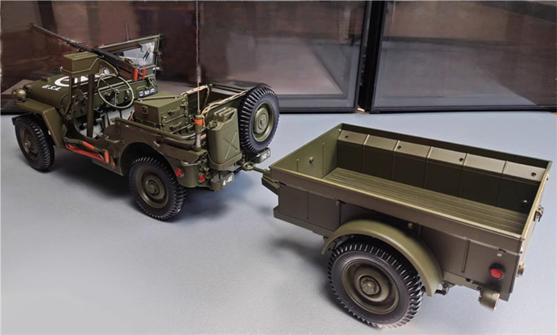 PREMIUM X 1943 Jeep Wells MB Trailer M3 Anti Tank Set Olive green 1:8 DIECAST Tank