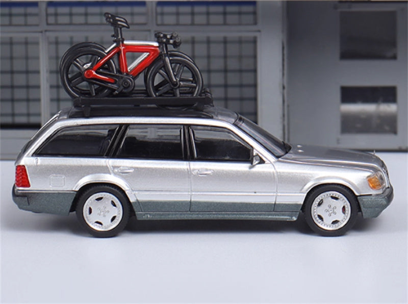Mortal Mercedes Benz E-Class E300 station wagon S124 with 2 bicycles and luggage rack Silver（Grey skirt edge）- Silver Wheel Limited Edition 599PCS ONLY 1:64 Car Pre-built Model view3