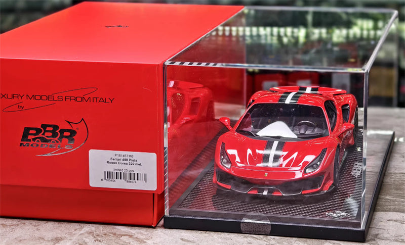 BBR MODELS Ferrari 488 pista Rosso Corsa 322 met Standard Red Black and white stripe Black wheel red calipers Limited Edition 25PCS ONLY Carbon fiber base 1:18 Car Pre-built Model view8