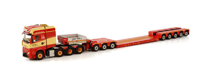 WSI MERCEDES BENZ ACTROS MP4 SLT GIGA SPACE 8X4 NOOTEBOOM LOW LOADER - 5 AXLE WITH DOLLY 3 AXLE TORBEN RAFN 1:50 DIECAST Truck