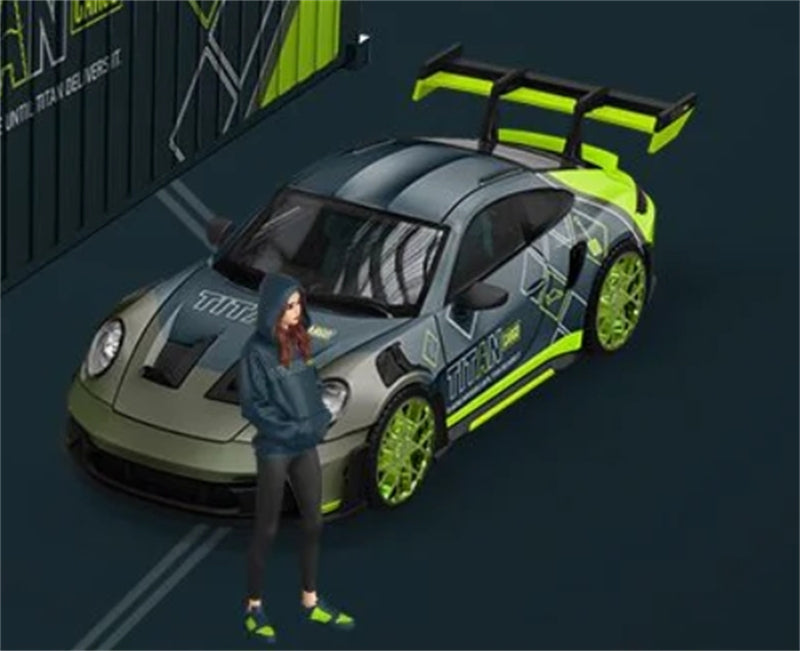 TimeMicro Porsche 992 GT3 RS TITAN Cargo Livery Green Silver w/ Doll Version Limited Edition 999PCS ONLY 1:64 car Pre-built Model view3