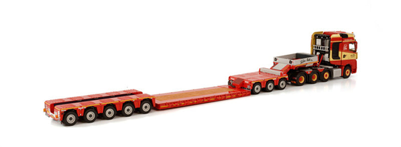 WSI MERCEDES BENZ ACTROS MP4 SLT GIGA SPACE 8X4 NOOTEBOOM LOW LOADER - 5 AXLE WITH DOLLY 3 AXLE TORBEN RAFN 1:50 DIECAST Truck
