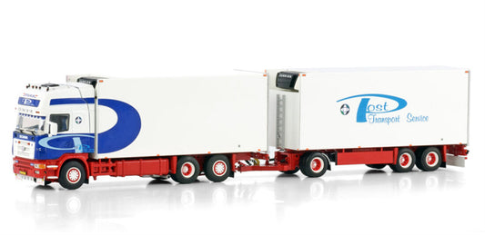 WSI SCANIA R4 TOPLINE RIGED REEFER TRUCK 6X2 TAG AXLE RIGED REEFER DRAWBAR TURNTABLE TRAILER - 3 AXLE Marcel Post Transport Service 1:50 Model