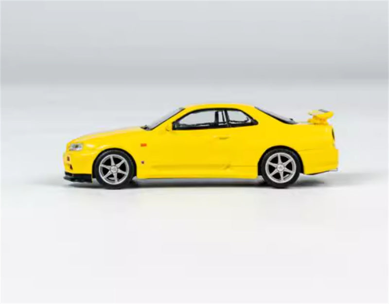 MINIGT Nissan Skyline GT-R(R34)V-Spec Lightning Yellow color box packaging 1:64 Car Pre-built Model view3