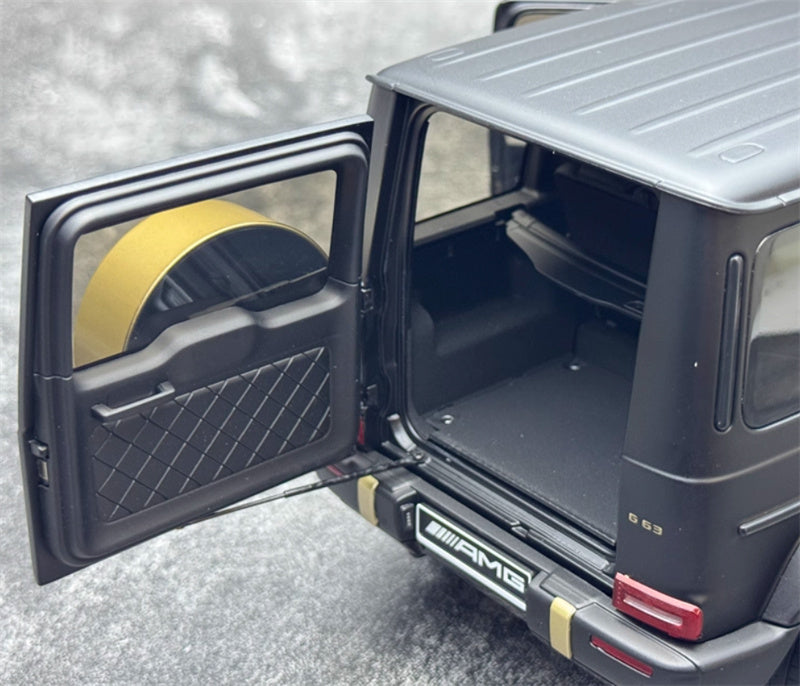 Almost Real Mercedes AMG G63 Grand Edition 2024 Dumb Black Gold Black interior with gold wheels 1:18 Truck Pre-built Model view2