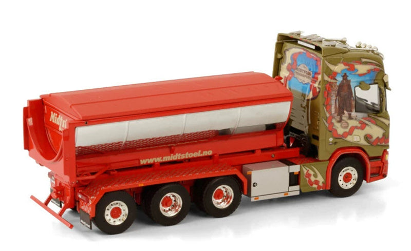 WSI SCANIA R HIGHLINE CR20H 8X4 RIGED TRUCK HOOKLIFT SYSTEM + HOOKLIFT CONTAINER ASPHALT MIDTSTOL 1:50 Truck Pre-built Model