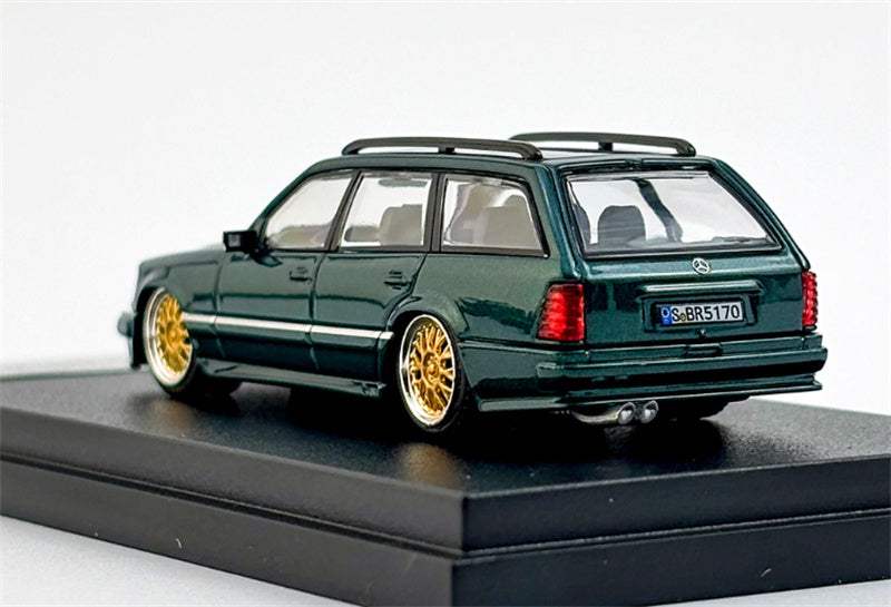Mortal Mercedes Benz E-Class E300 station wagon S124 with 2 bicycles and luggage rack Green - Golden Wheel low slung version Limited Edition 499PCS ONLY 1:64 Car Pre-built Model view4