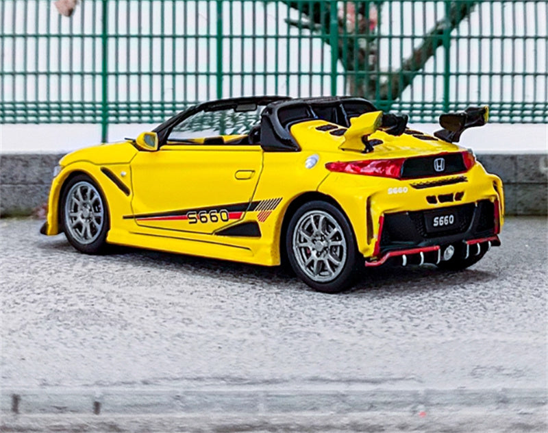 Mortal Honda S660 Mugen Convertible Wide body modified version Small tail yellow - with top cover Limited Edition 499PCS ONLY 1:64 Car Pre-built Model view6