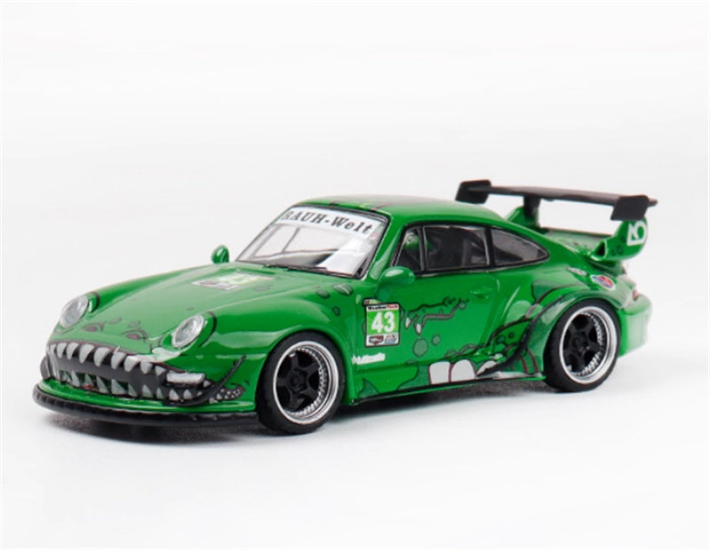 FLAME Porsche RWB 993 Green Dinosaur Limited Edition 499PCS ONLY RAUH - Welt 1:64 Car Pre-built Model view1