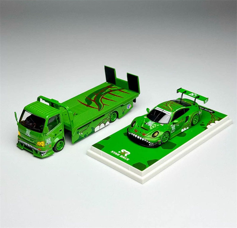 1:64 Hino H300 & Porsche dinosaur Painting Green TOP LUX x STAR RACE Set DIECAST Model